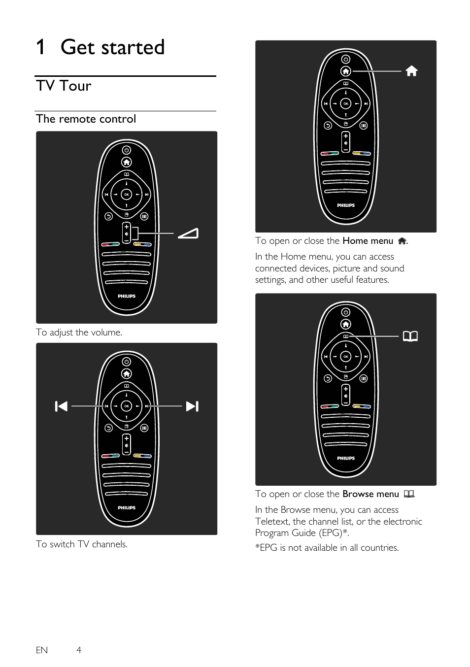 1 get started, Tv tour, The remote control | Get started | Philips 46PFL5605H-12 User Manual | Page 4 / 65