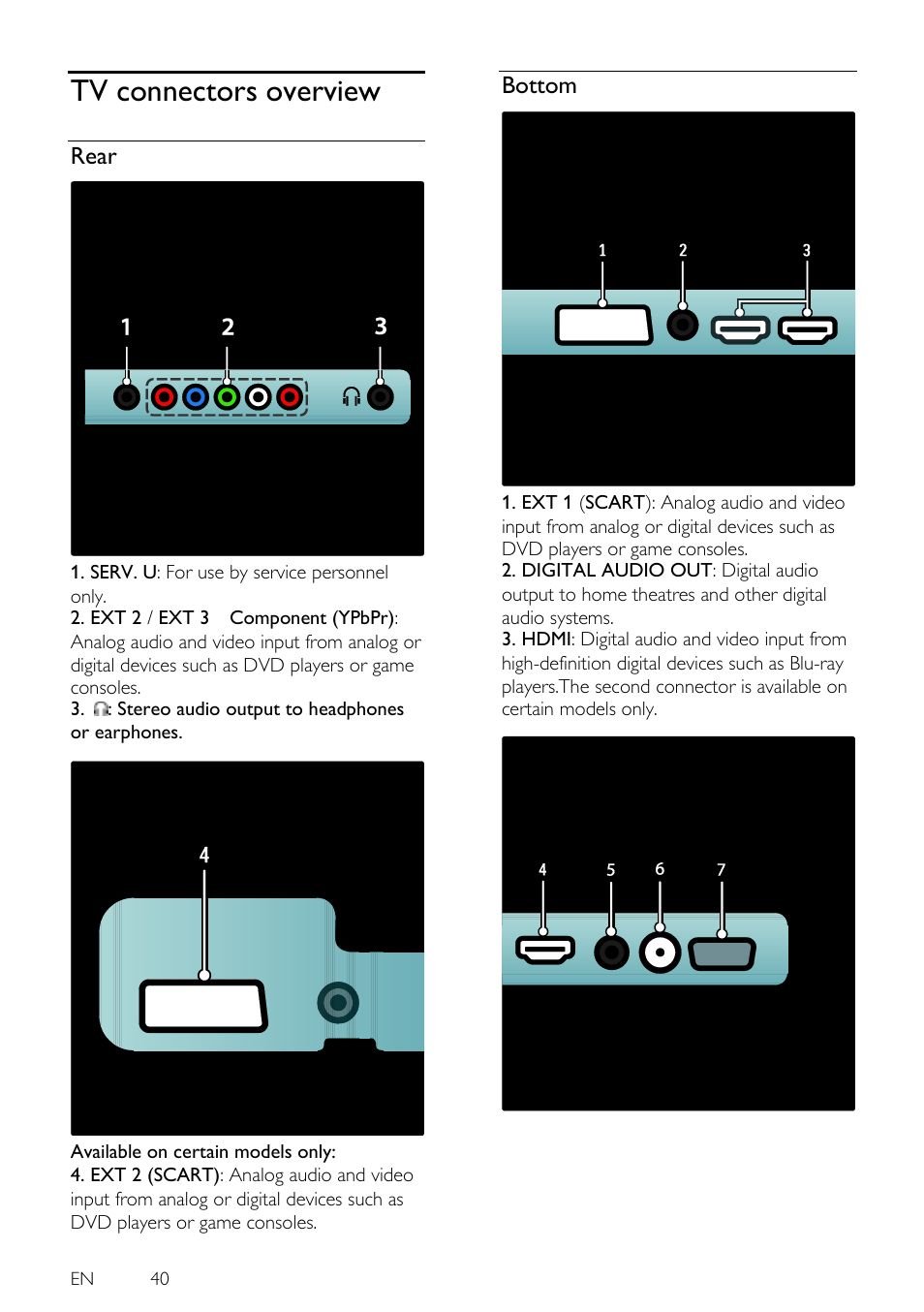 Tv connectors overview, Rear, Bottom | En 40 | Philips 46PFL5605H-12 User Manual | Page 40 / 65