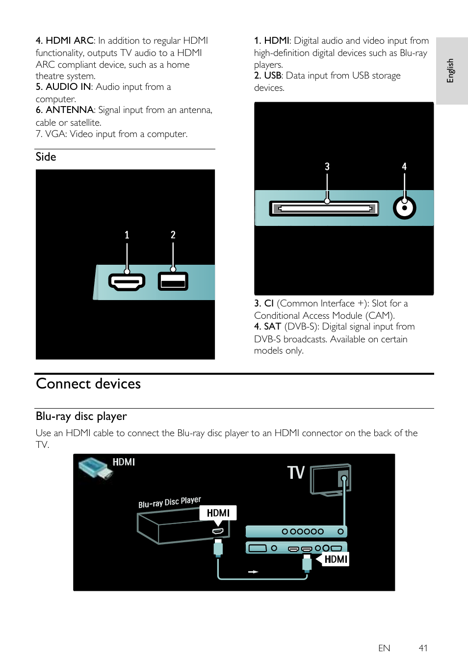 Side, Connect devices, Blu-ray disc player | Philips 46PFL5605H-12 User Manual | Page 41 / 65