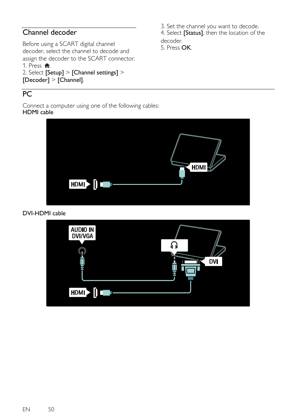 Channel decoder, Dvi-hdmi cable, En 50 | Philips 46PFL5605H-12 User Manual | Page 50 / 65