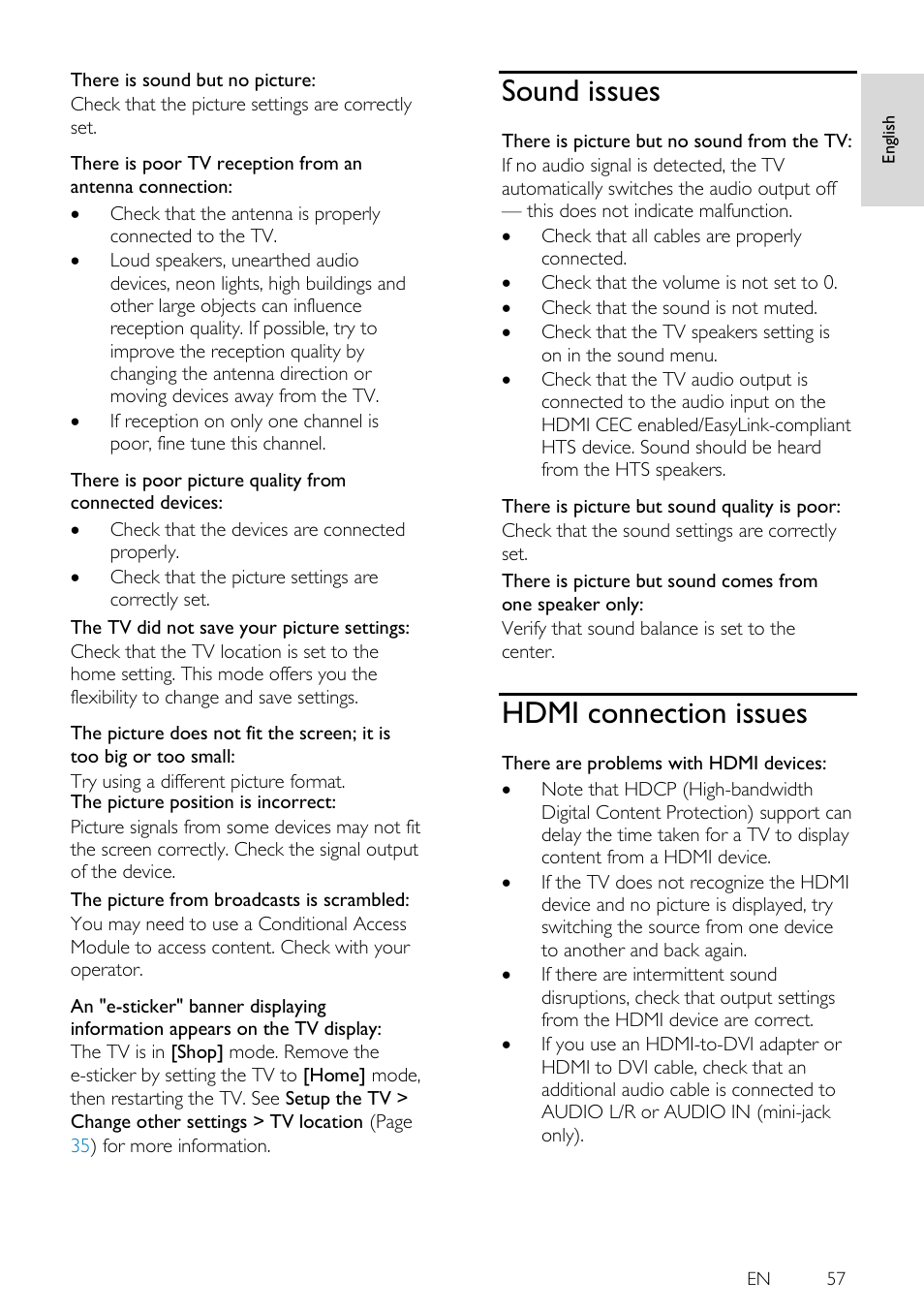 Sound issues, Hdmi connection issues | Philips 46PFL5605H-12 User Manual | Page 57 / 65