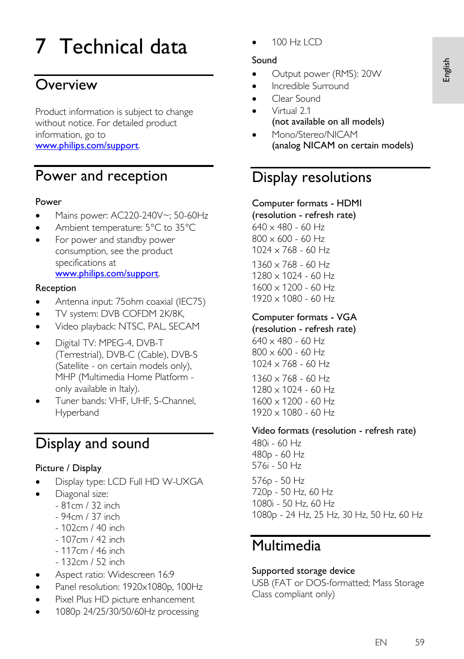 7 technical data, Overview, Power and reception | Display and sound, Display resolutions, Multimedia, Technical data | Philips 46PFL5605H-12 User Manual | Page 59 / 65