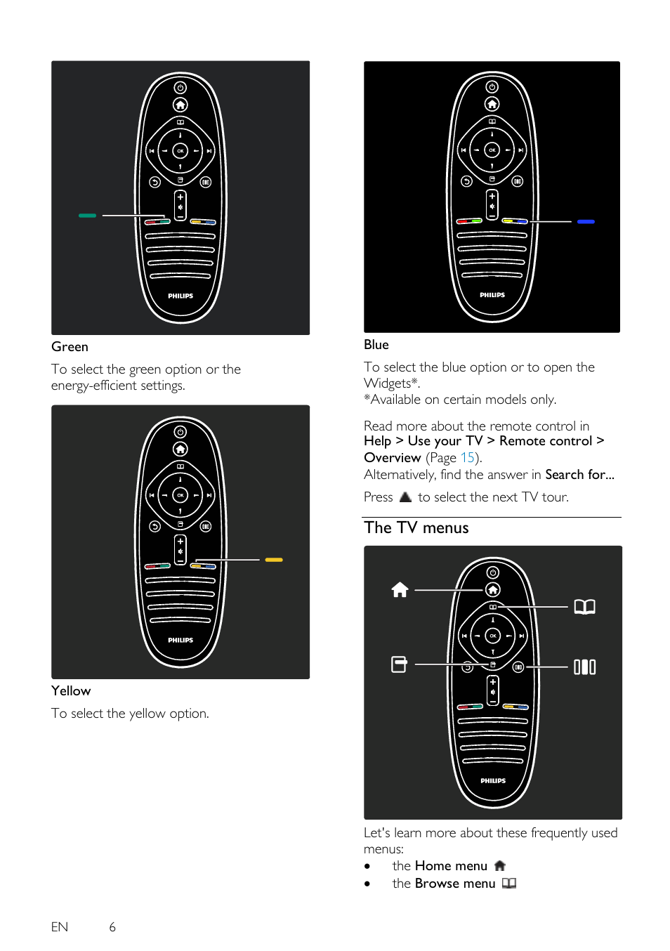 The tv menus, Yellow to select the yellow option, En 6 | Philips 46PFL5605H-12 User Manual | Page 6 / 65