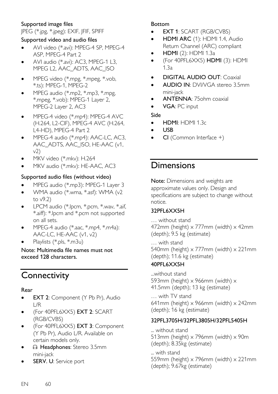 Connectivity, Dimensions | Philips 46PFL5605H-12 User Manual | Page 60 / 65