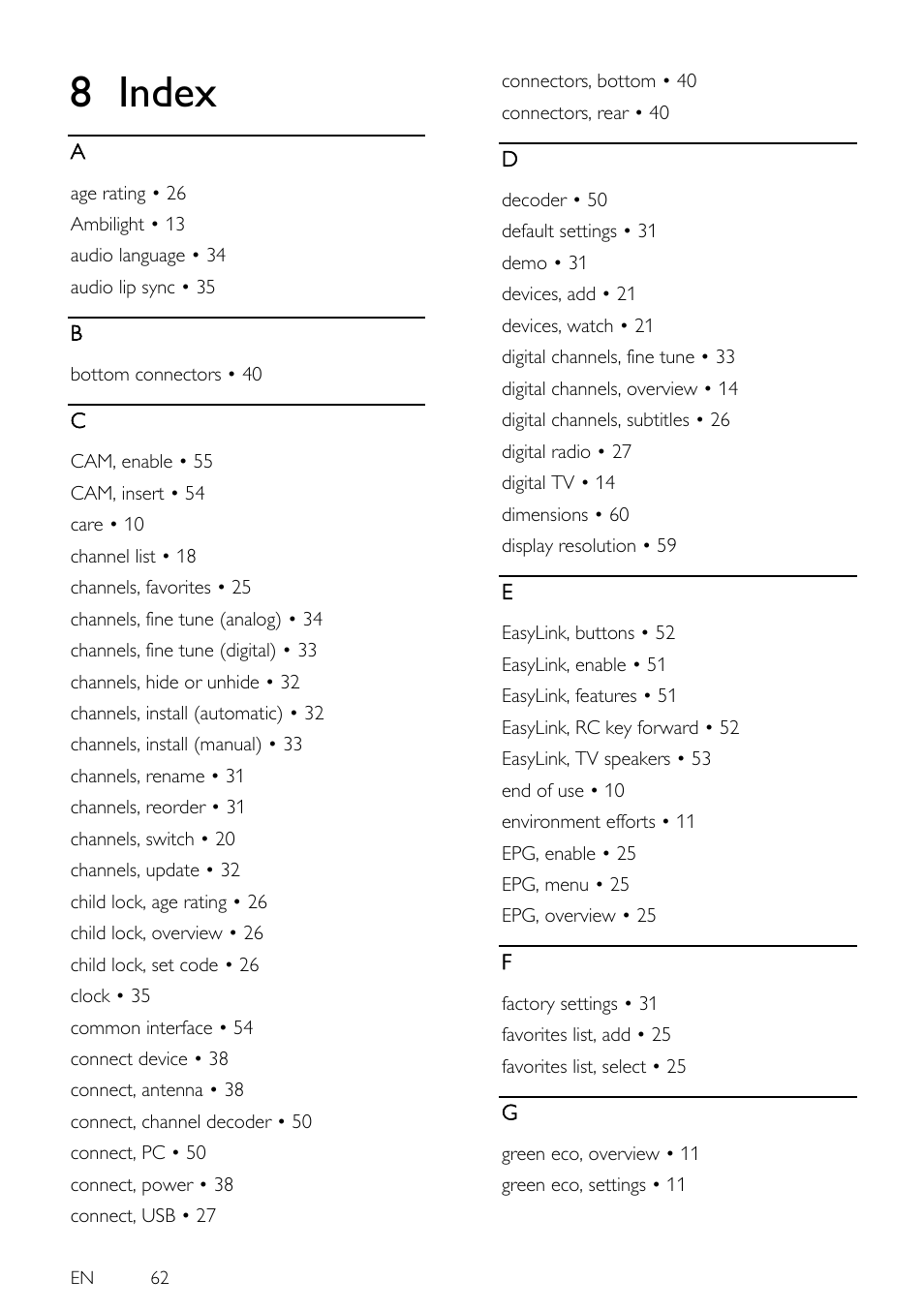 8 index, Index | Philips 46PFL5605H-12 User Manual | Page 62 / 65