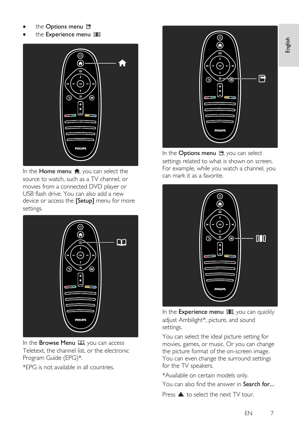 The options menu  the experience menu | Philips 46PFL5605H-12 User Manual | Page 7 / 65