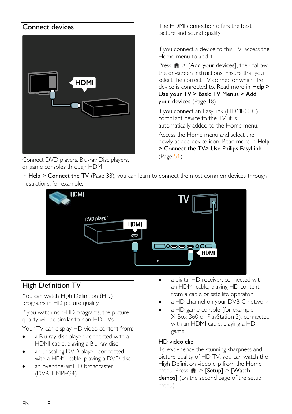 Connect devices, High definition tv | Philips 46PFL5605H-12 User Manual | Page 8 / 65