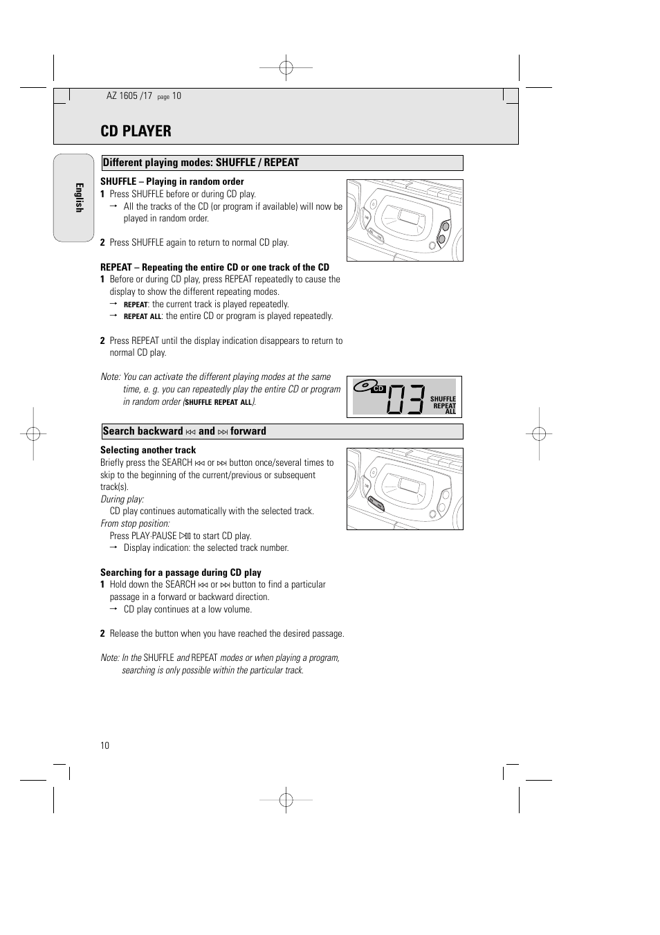 Cd player, Search backward, Forward | Different playing modes: shuffle / repeat, The current track is played repeatedly | Philips AZ1602-17 User Manual | Page 10 / 48