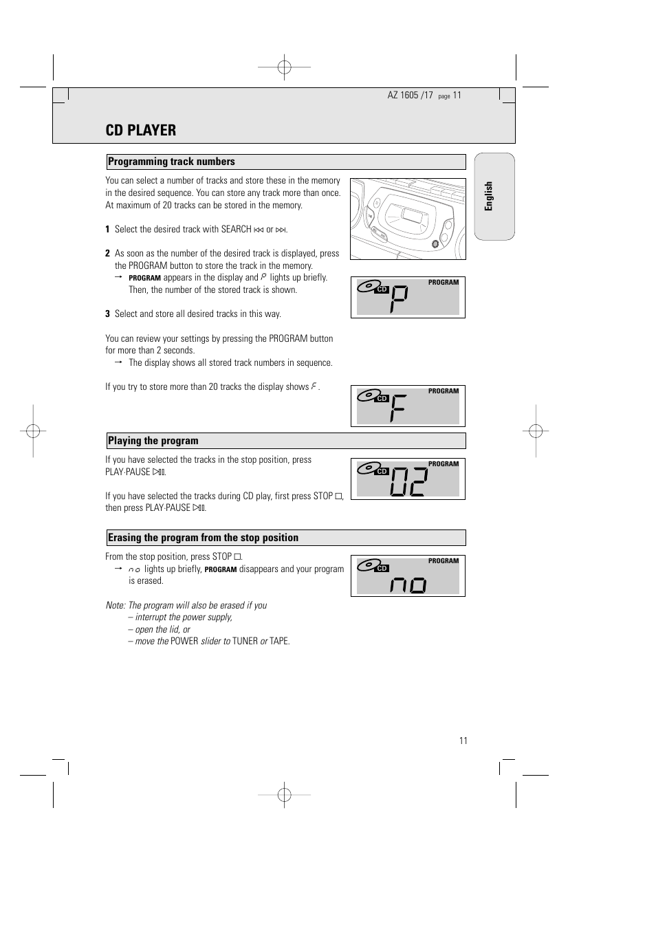 Cd player, Erasing the program from the stop position, Playing the program | Programming track numbers | Philips AZ1602-17 User Manual | Page 11 / 48