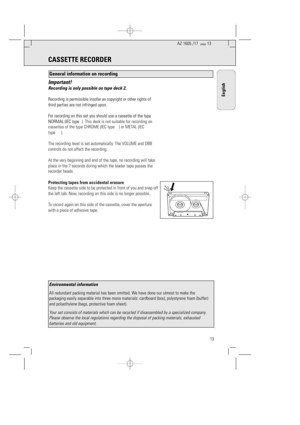 Cassette recorder, Important | Philips AZ1602-17 User Manual | Page 13 / 48