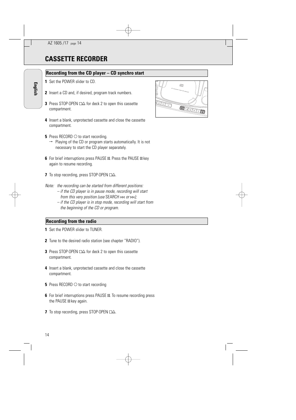 Cassette recorder | Philips AZ1602-17 User Manual | Page 14 / 48