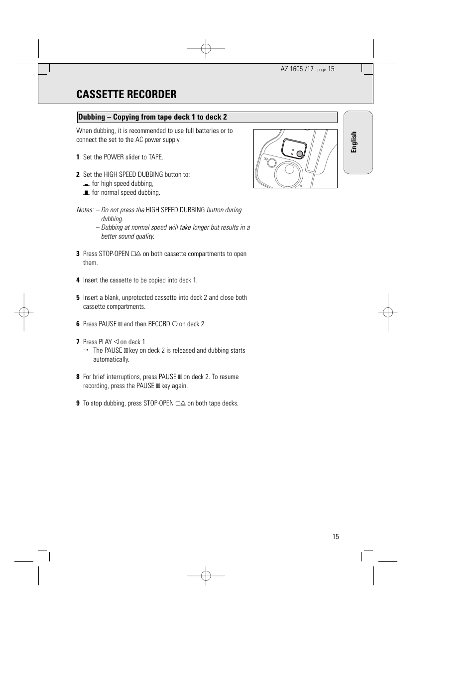 Cassette recorder, Dubbing – copying from tape deck 1 to deck 2 | Philips AZ1602-17 User Manual | Page 15 / 48