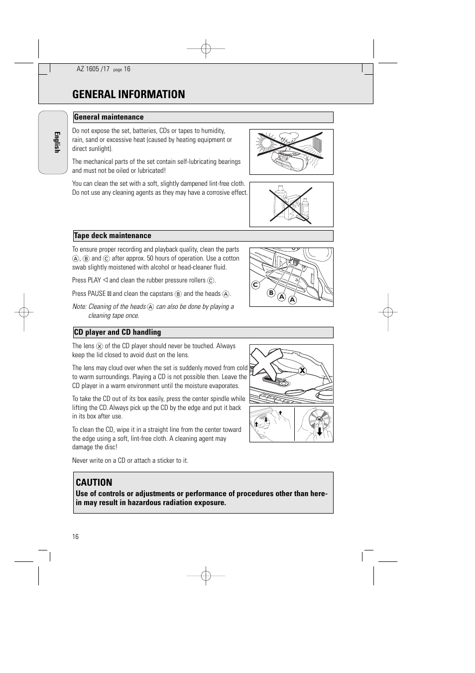 General information, Caution, Cd player and cd handling | Tape deck maintenance general maintenance | Philips AZ1602-17 User Manual | Page 16 / 48