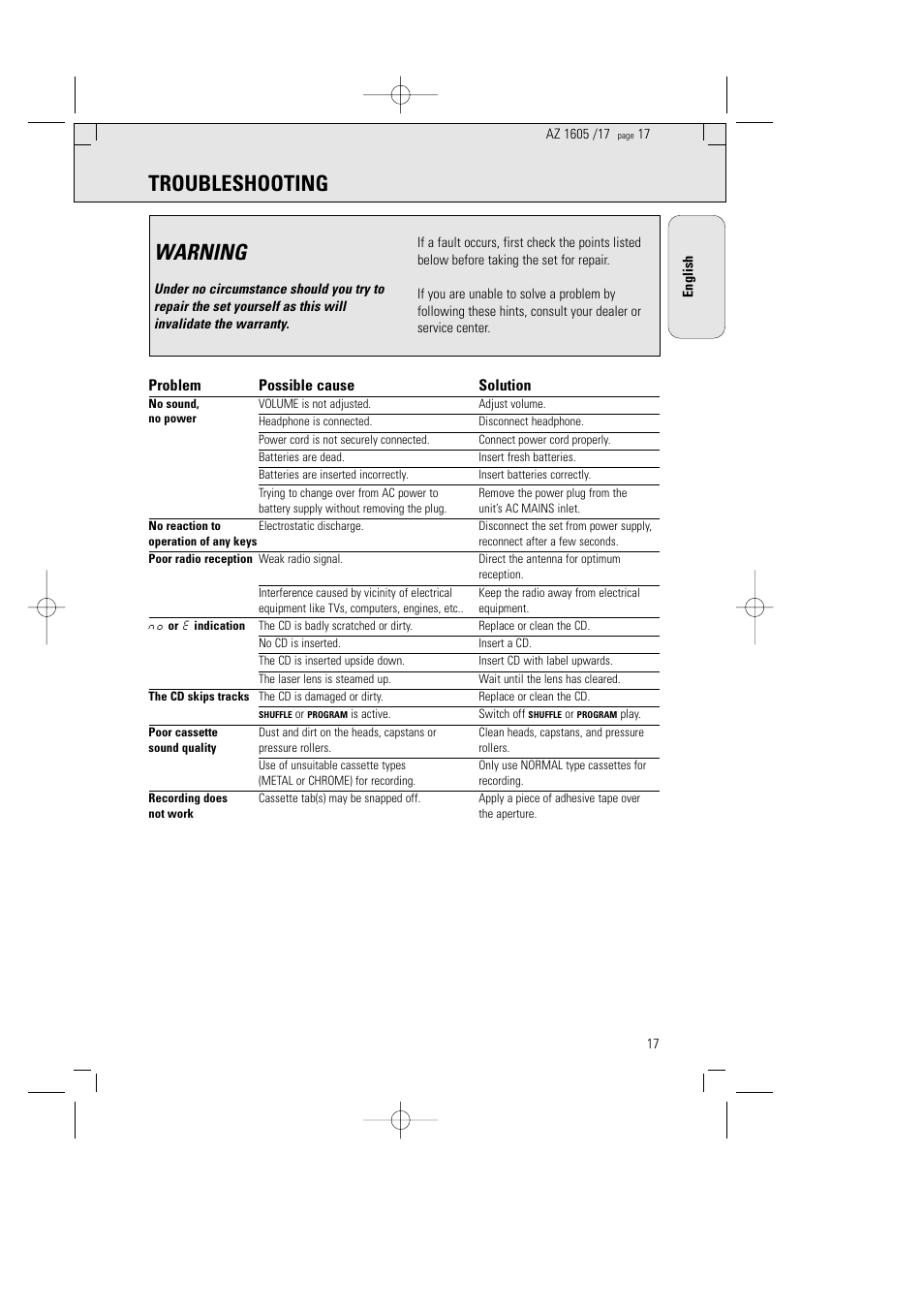 Troubleshooting, Warning, Problem possible cause solution | Philips AZ1602-17 User Manual | Page 17 / 48