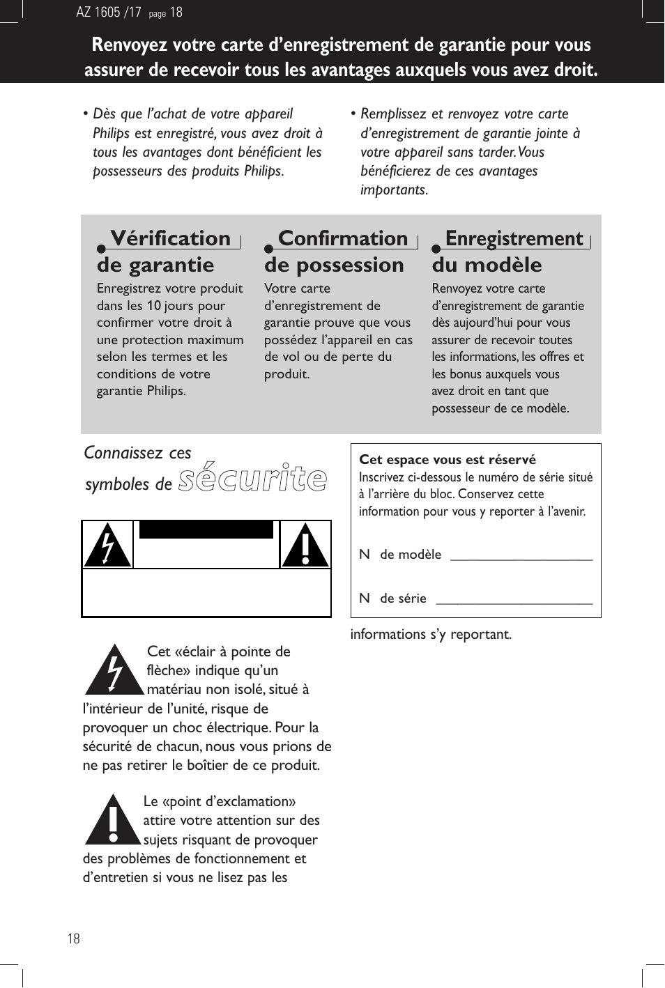 Sécurite, Vérification de garantie, Confirmation de possession | Enregistrement du modèle | Philips AZ1602-17 User Manual | Page 18 / 48