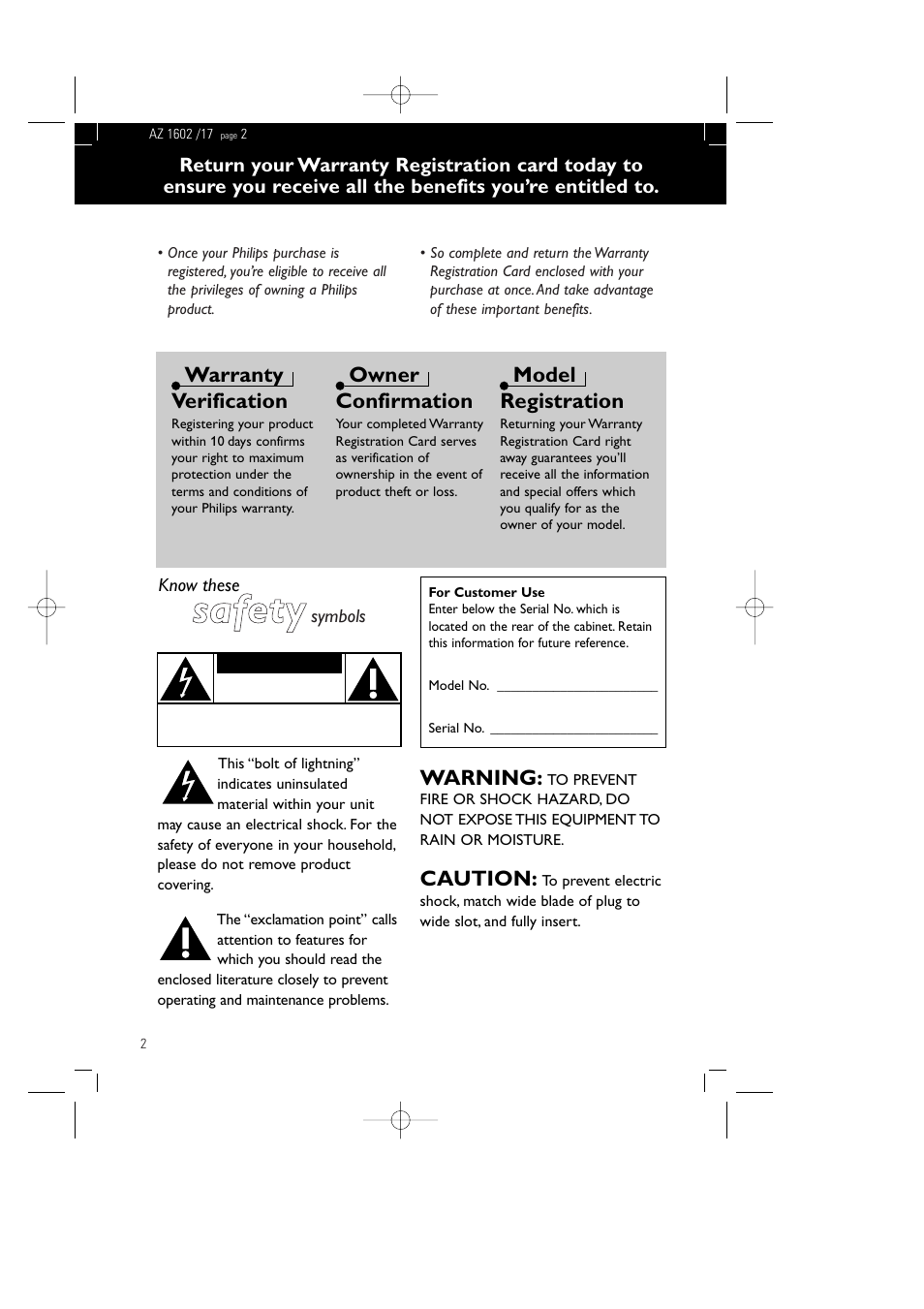 Ssa af fe et ty y | Philips AZ1602-17 User Manual | Page 2 / 48