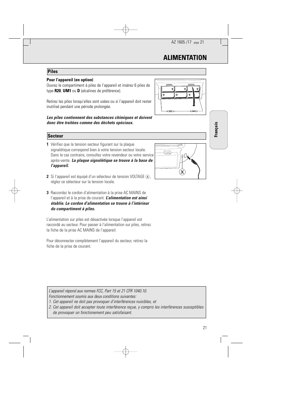 Alimentation | Philips AZ1602-17 User Manual | Page 21 / 48