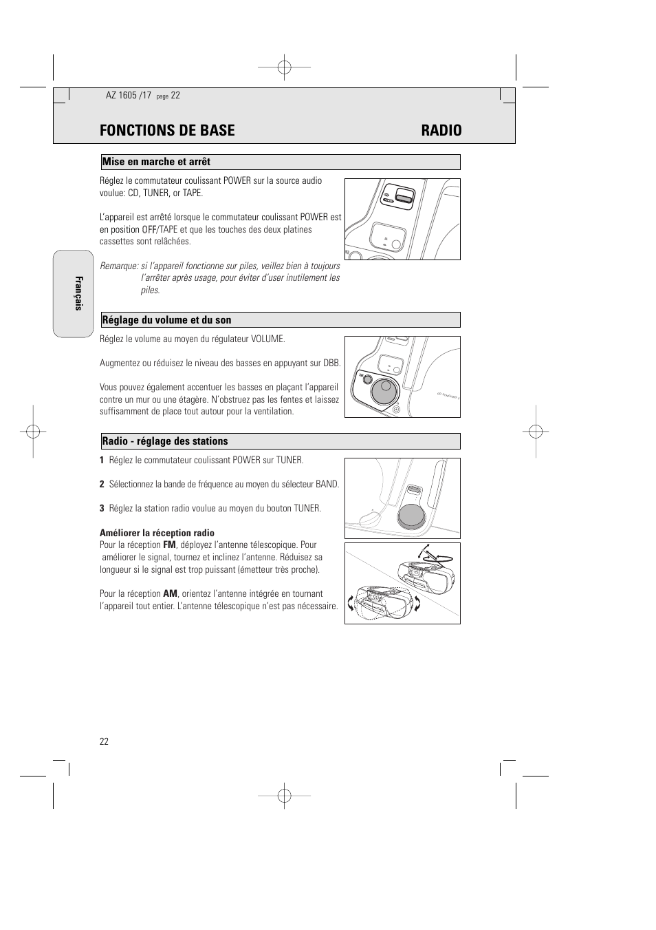 Fonctions de base radio, Radio - réglage des stations, Réglage du volume et du son | Mise en marche et arrêt | Philips AZ1602-17 User Manual | Page 22 / 48