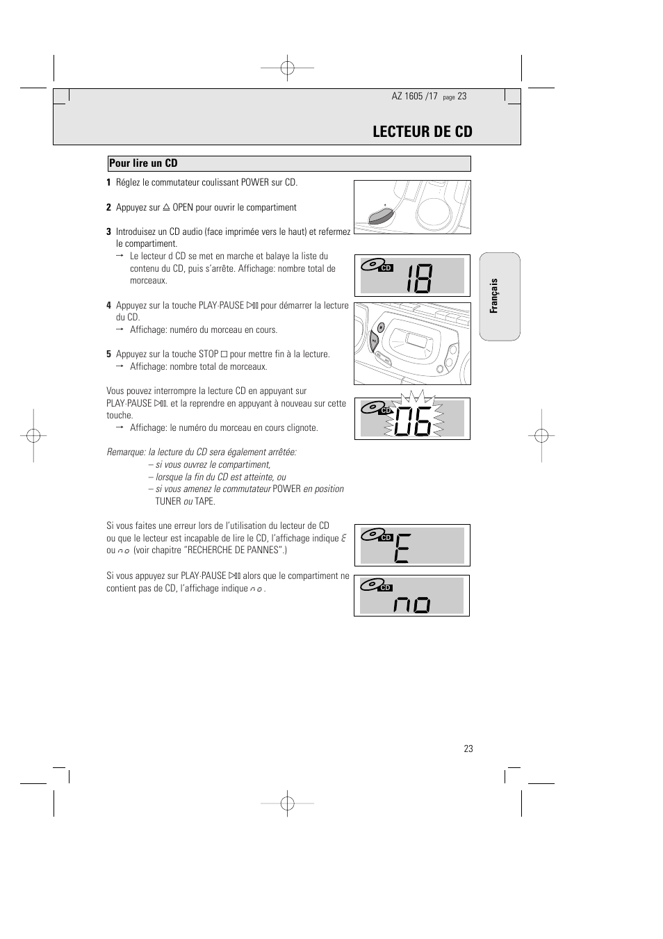 Lecteur de cd, Pour lire un cd, Khz khz mhz | Philips AZ1602-17 User Manual | Page 23 / 48