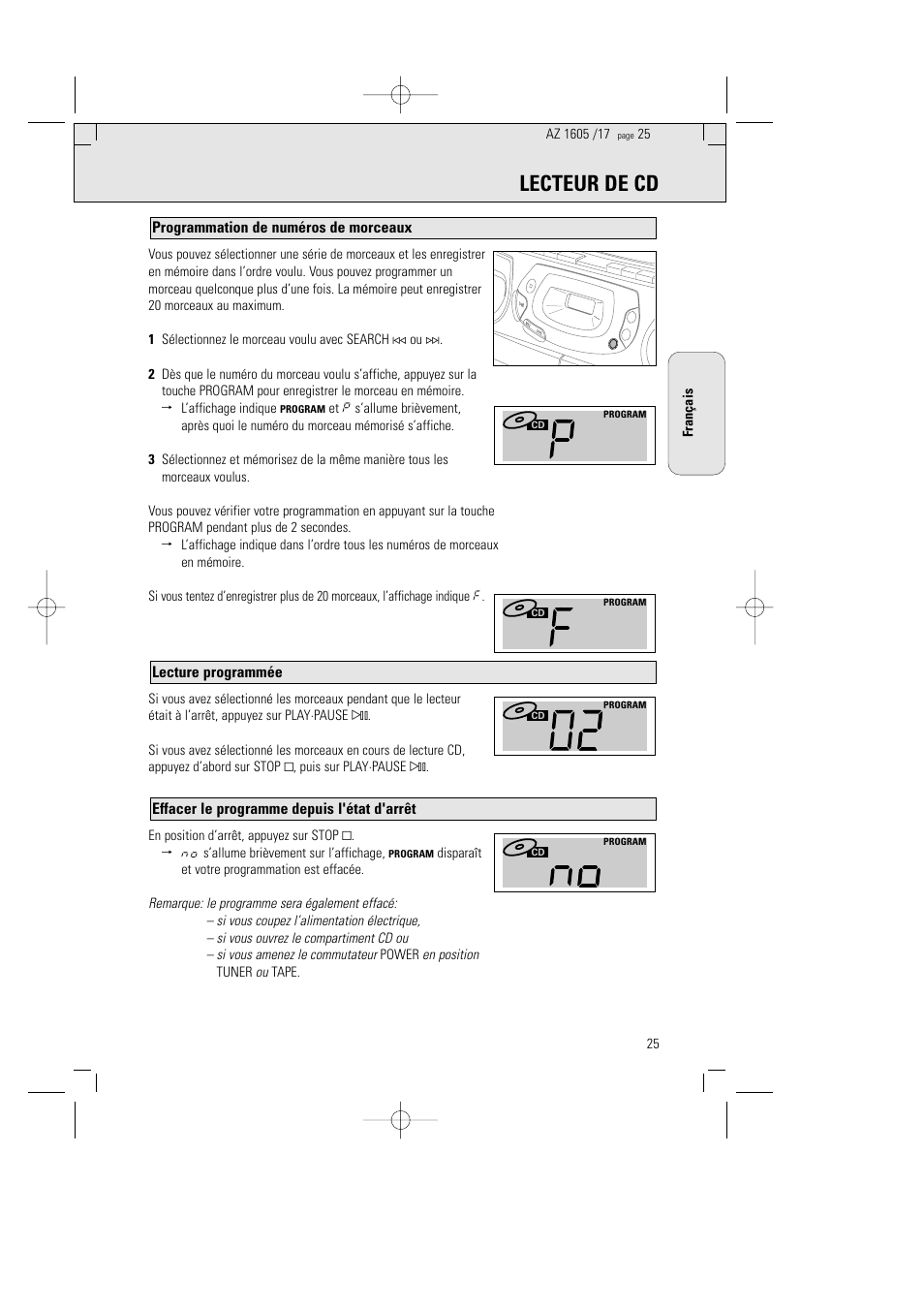 Lecteur de cd, Effacer le programme depuis l'état d'arrêt, Lecture programmée | Programmation de numéros de morceaux | Philips AZ1602-17 User Manual | Page 25 / 48