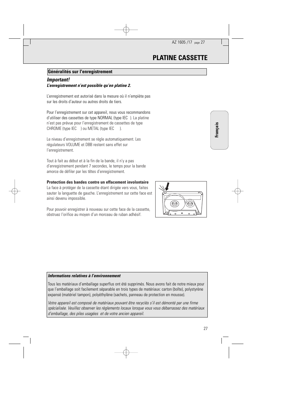 Platine cassette, Important | Philips AZ1602-17 User Manual | Page 27 / 48