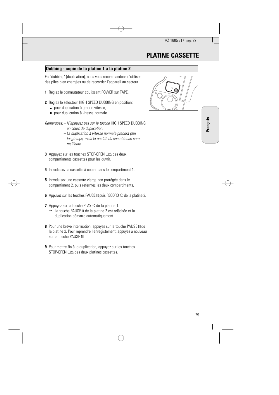 Platine cassette, Dubbing - copie de la platine 1 à la platine 2 | Philips AZ1602-17 User Manual | Page 29 / 48