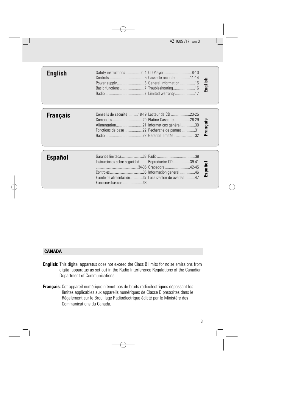 English, Français, Español | Philips AZ1602-17 User Manual | Page 3 / 48