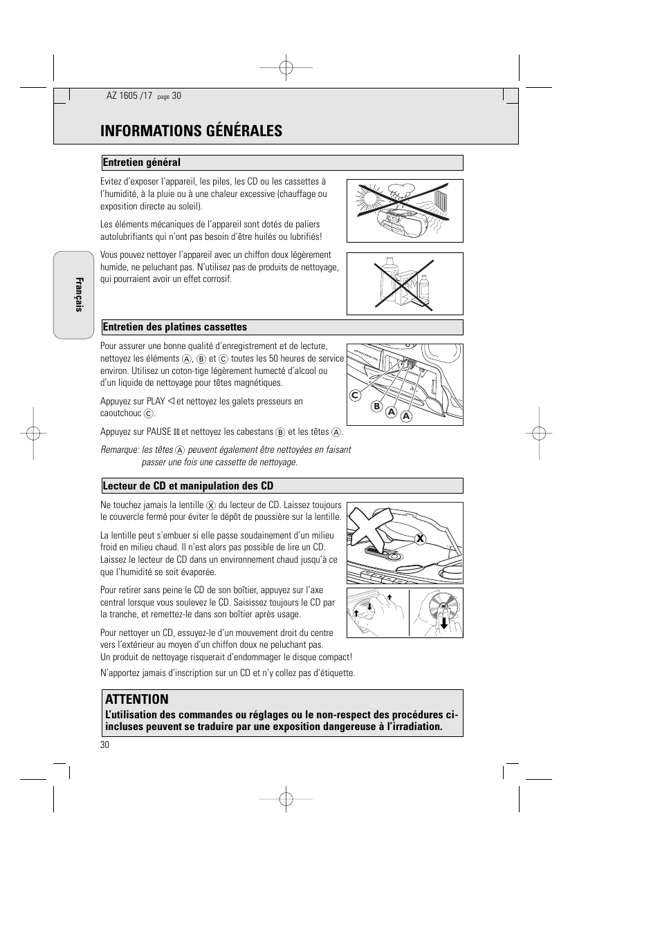 Informations générales, Attention, Lecteur de cd et manipulation des cd | Entretien des platines cassettes entretien général | Philips AZ1602-17 User Manual | Page 30 / 48