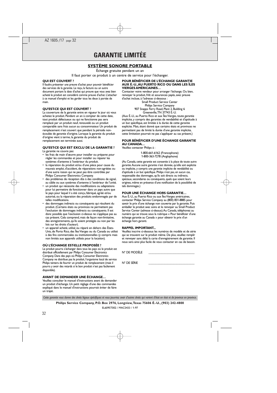 Garantie limitée | Philips AZ1602-17 User Manual | Page 32 / 48