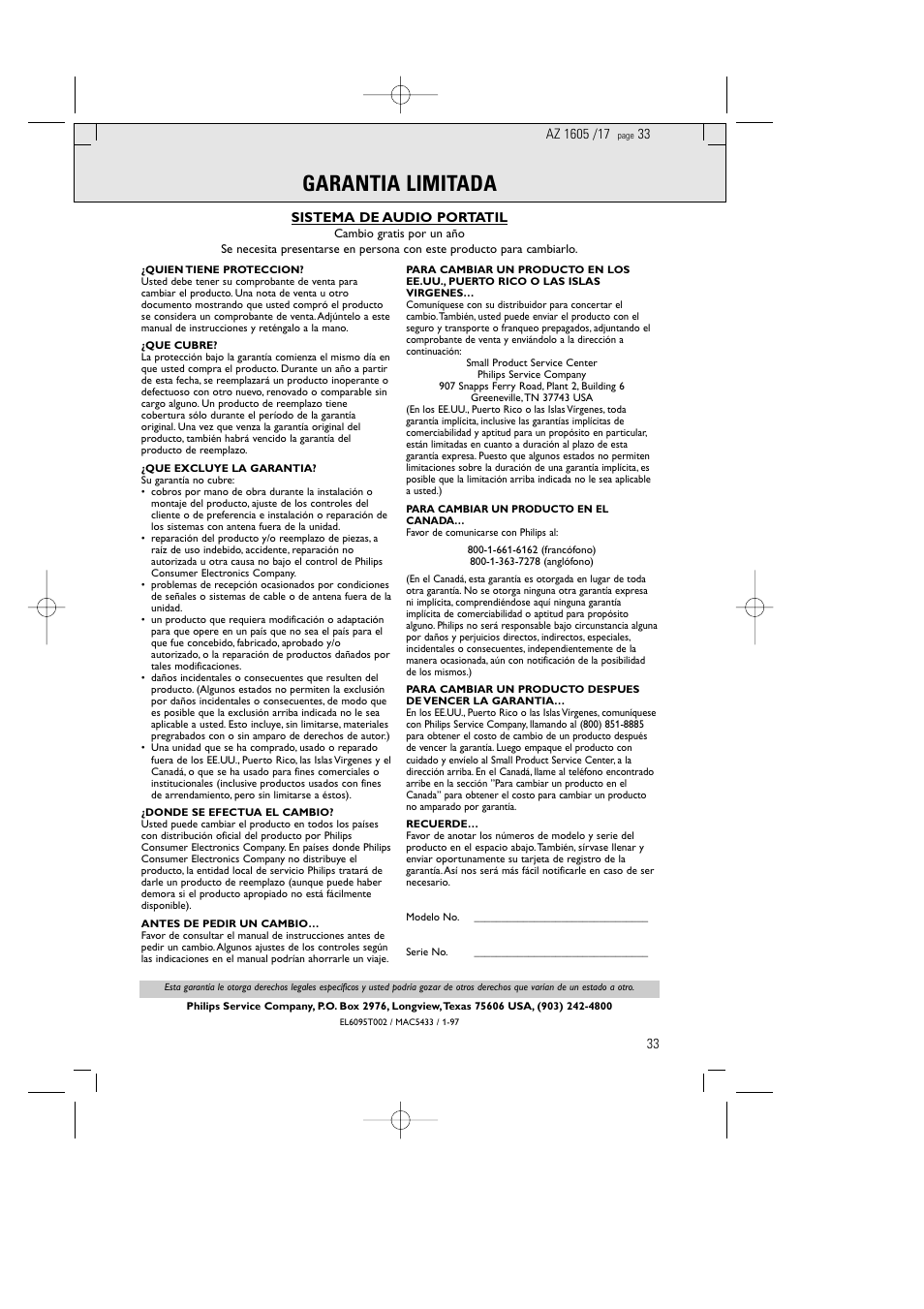 Garantia limitada | Philips AZ1602-17 User Manual | Page 33 / 48