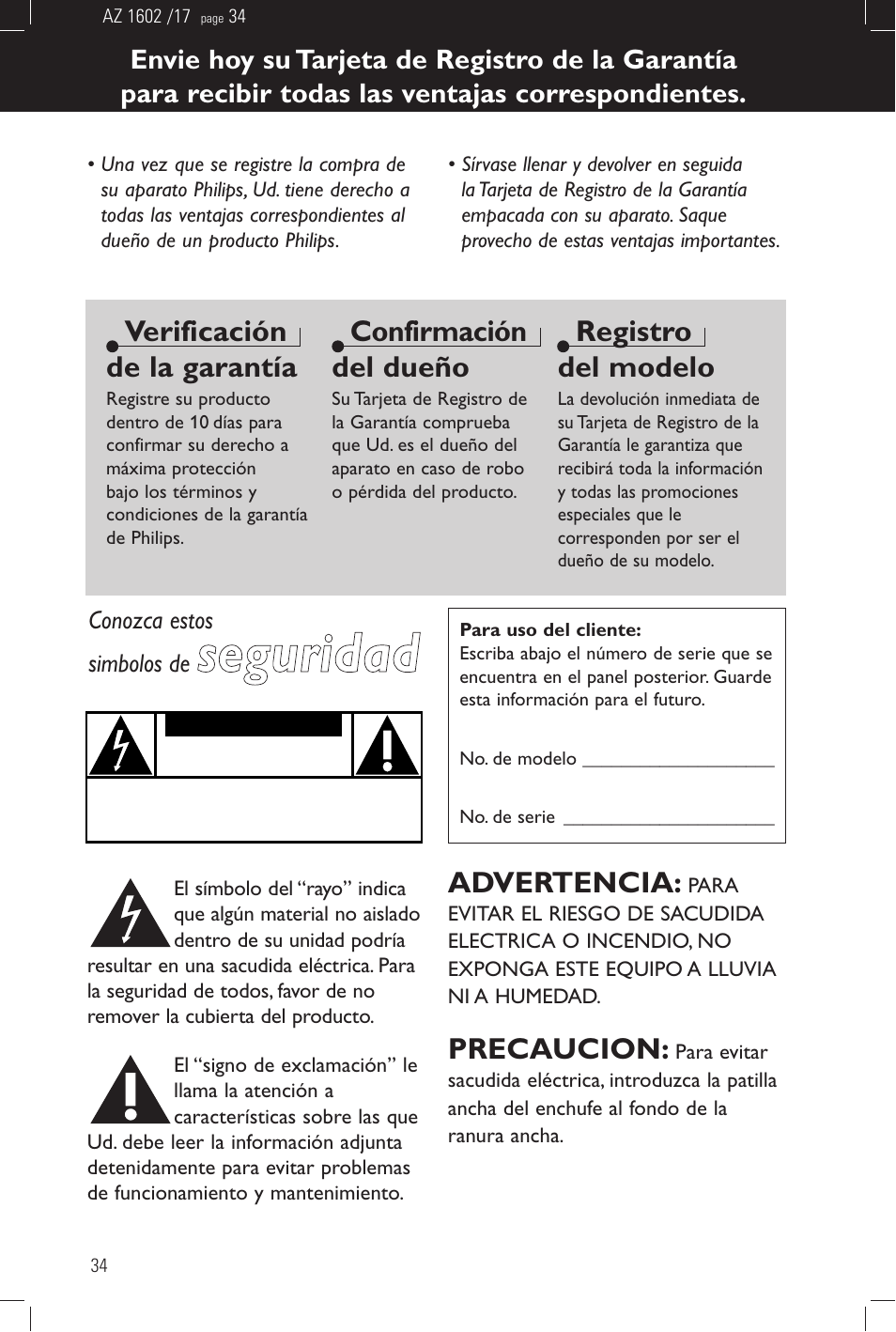 Seguridad, Advertencia, Precaucion | Verificación de la garantía, Confirmación del dueño, Registro del modelo | Philips AZ1602-17 User Manual | Page 34 / 48