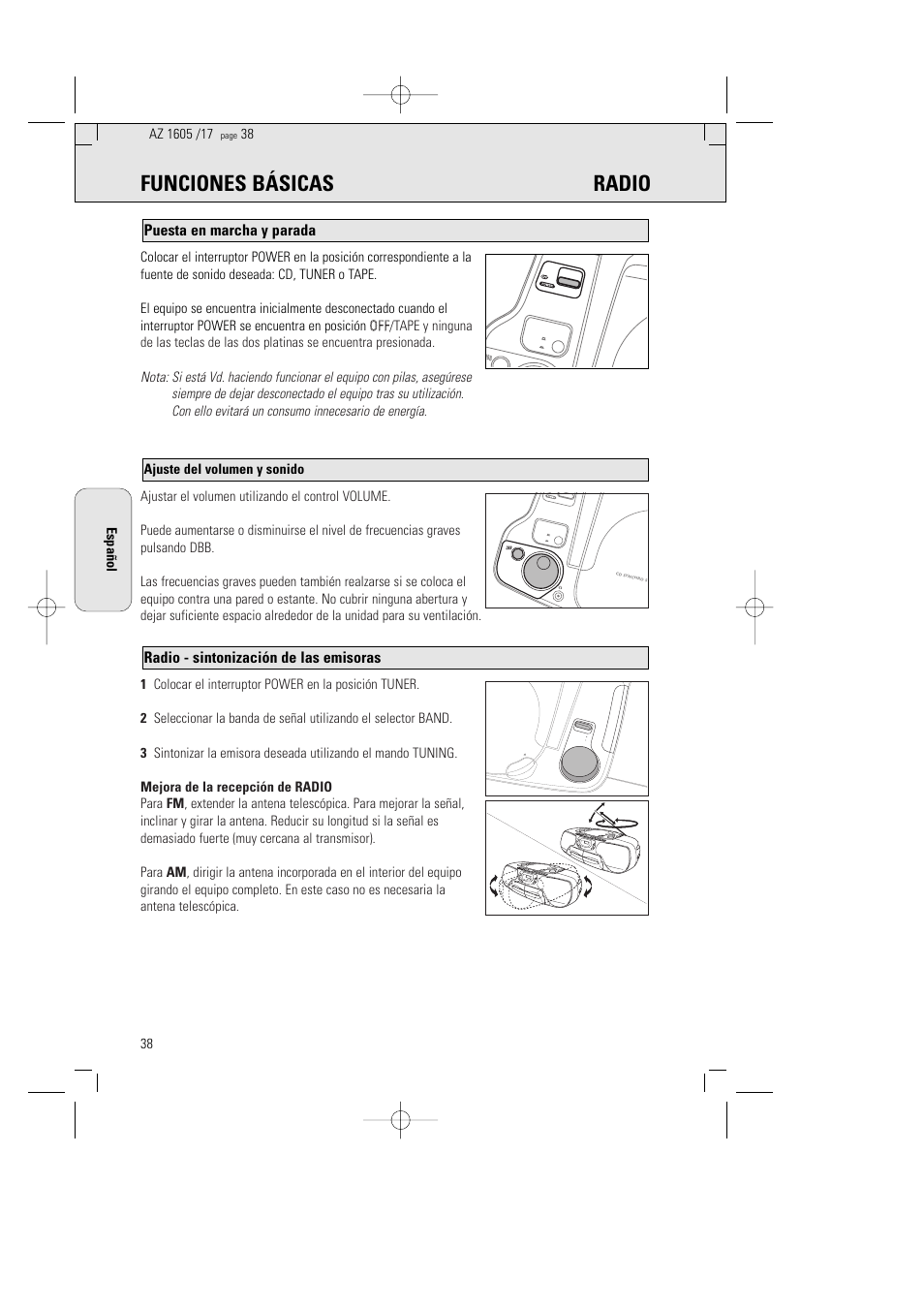 Funciones básicas radio, Radio - sintonización de las emisoras, Puesta en marcha y parada | Ajuste del volumen y sonido | Philips AZ1602-17 User Manual | Page 38 / 48