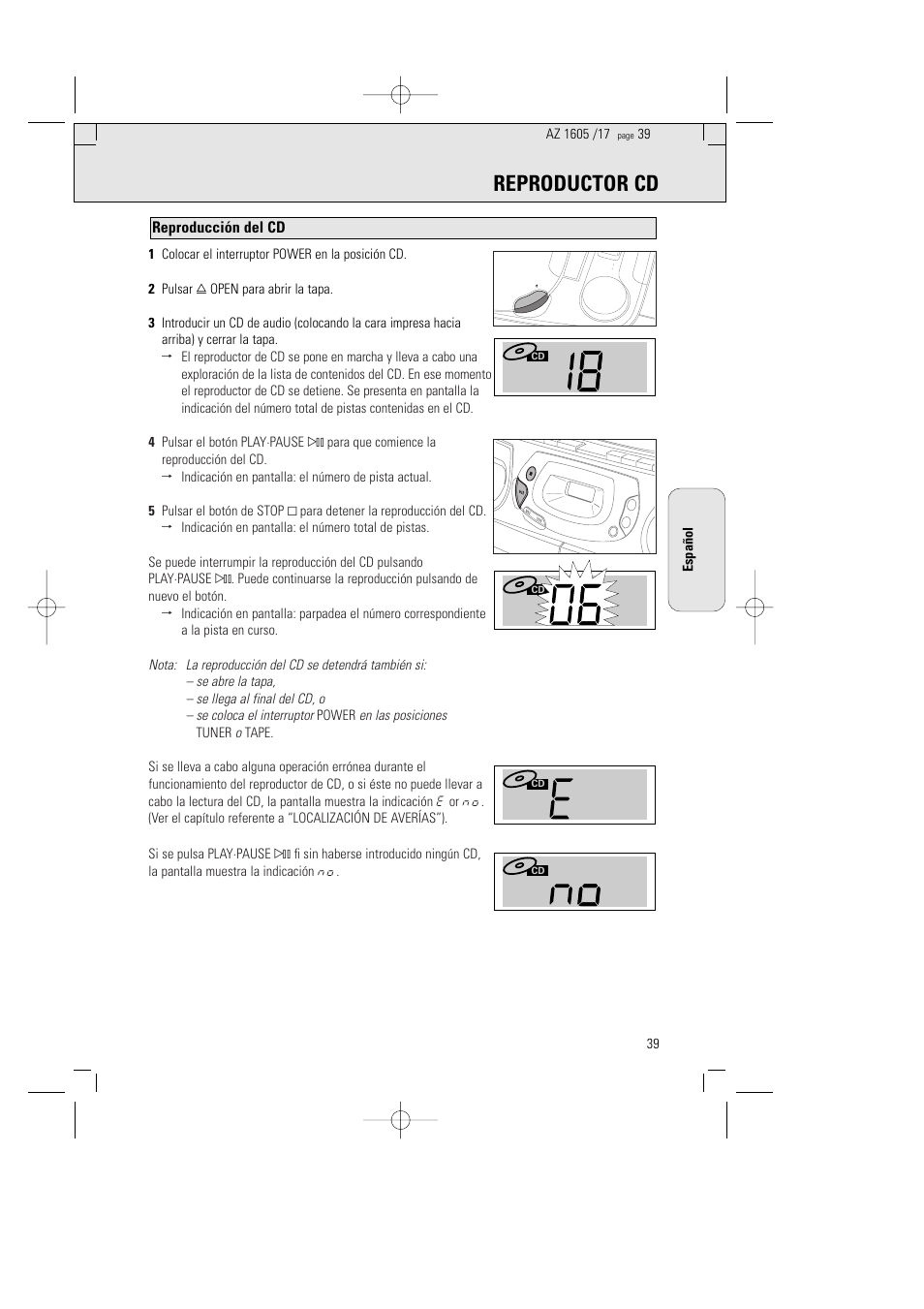 Reproductor cd, Reproducción del cd, Khz khz mhz | Philips AZ1602-17 User Manual | Page 39 / 48