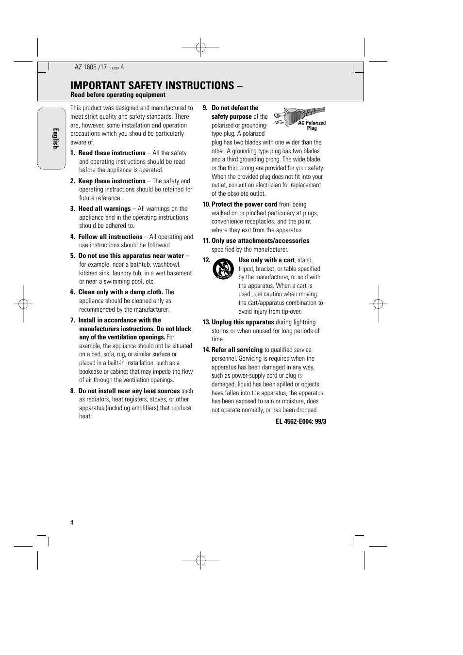 Important safety instructions | Philips AZ1602-17 User Manual | Page 4 / 48