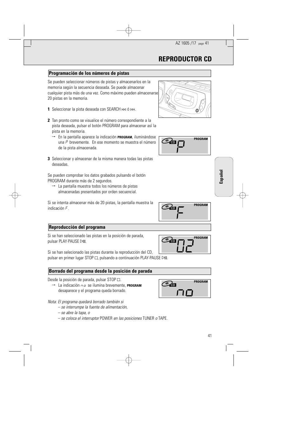 Reproductor cd, Borrado del programa desde la posición de parada, Reproducción del programa | Programación de los números de pistas | Philips AZ1602-17 User Manual | Page 41 / 48