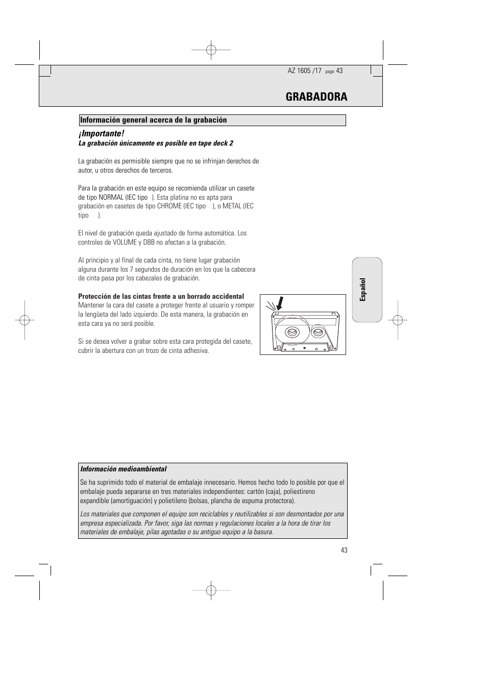 Grabadora, Importante | Philips AZ1602-17 User Manual | Page 43 / 48