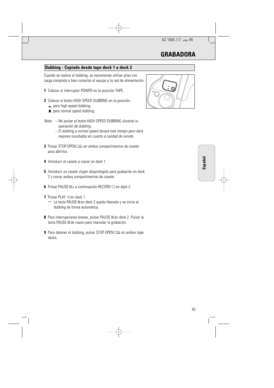 Grabadora, Dubbing - copiado desde tape deck 1 a deck 2 | Philips AZ1602-17 User Manual | Page 45 / 48