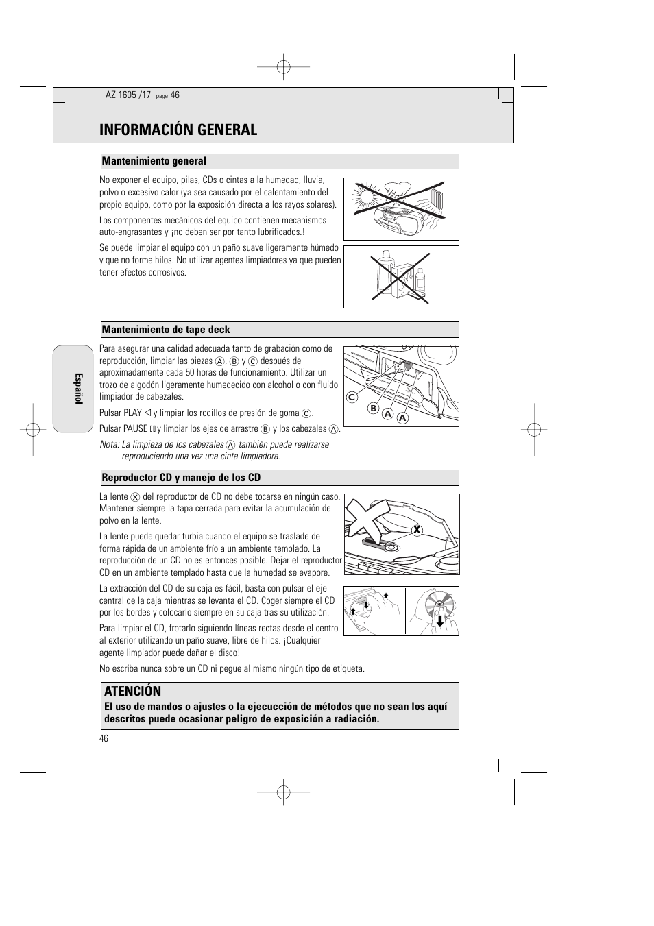 Información general, Atención, Reproductor cd y manejo de los cd | Mantenimiento de tape deck mantenimiento general | Philips AZ1602-17 User Manual | Page 46 / 48