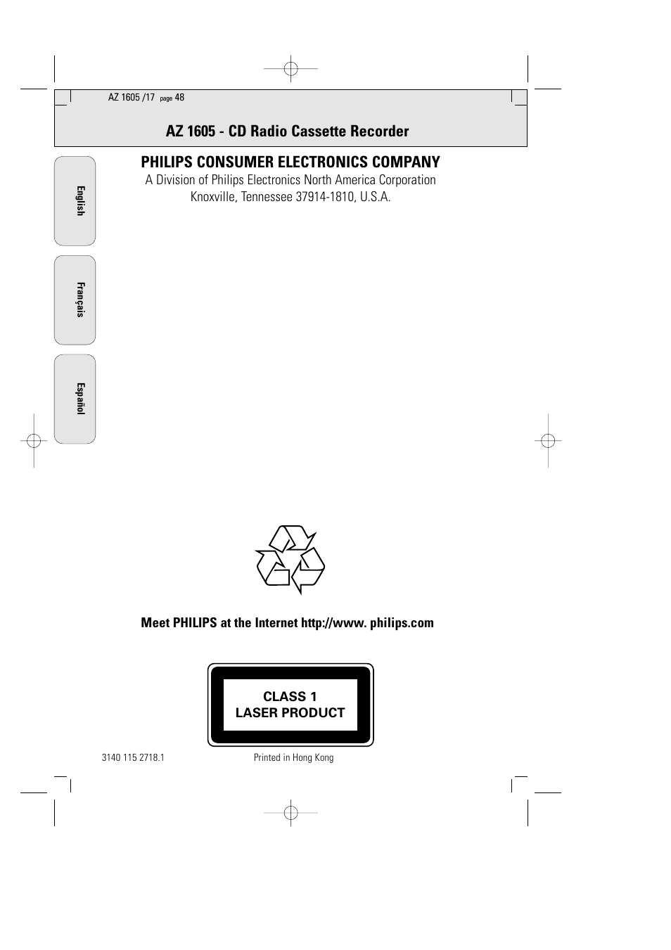 Philips consumer electronics company, Az 1605 - cd radio cassette recorder | Philips AZ1602-17 User Manual | Page 48 / 48