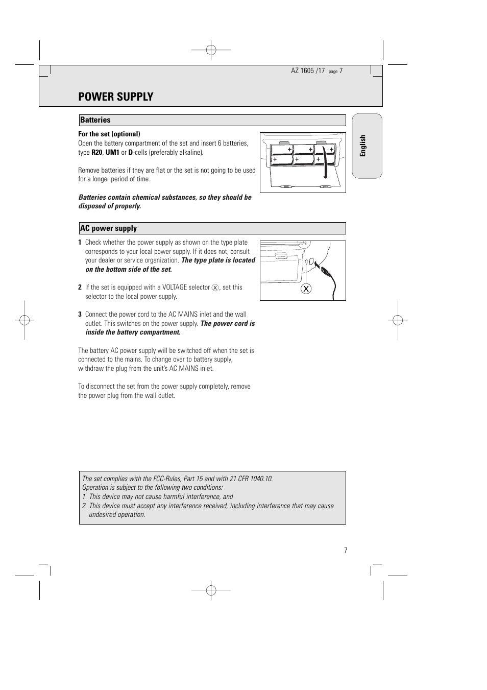 Power supply | Philips AZ1602-17 User Manual | Page 7 / 48