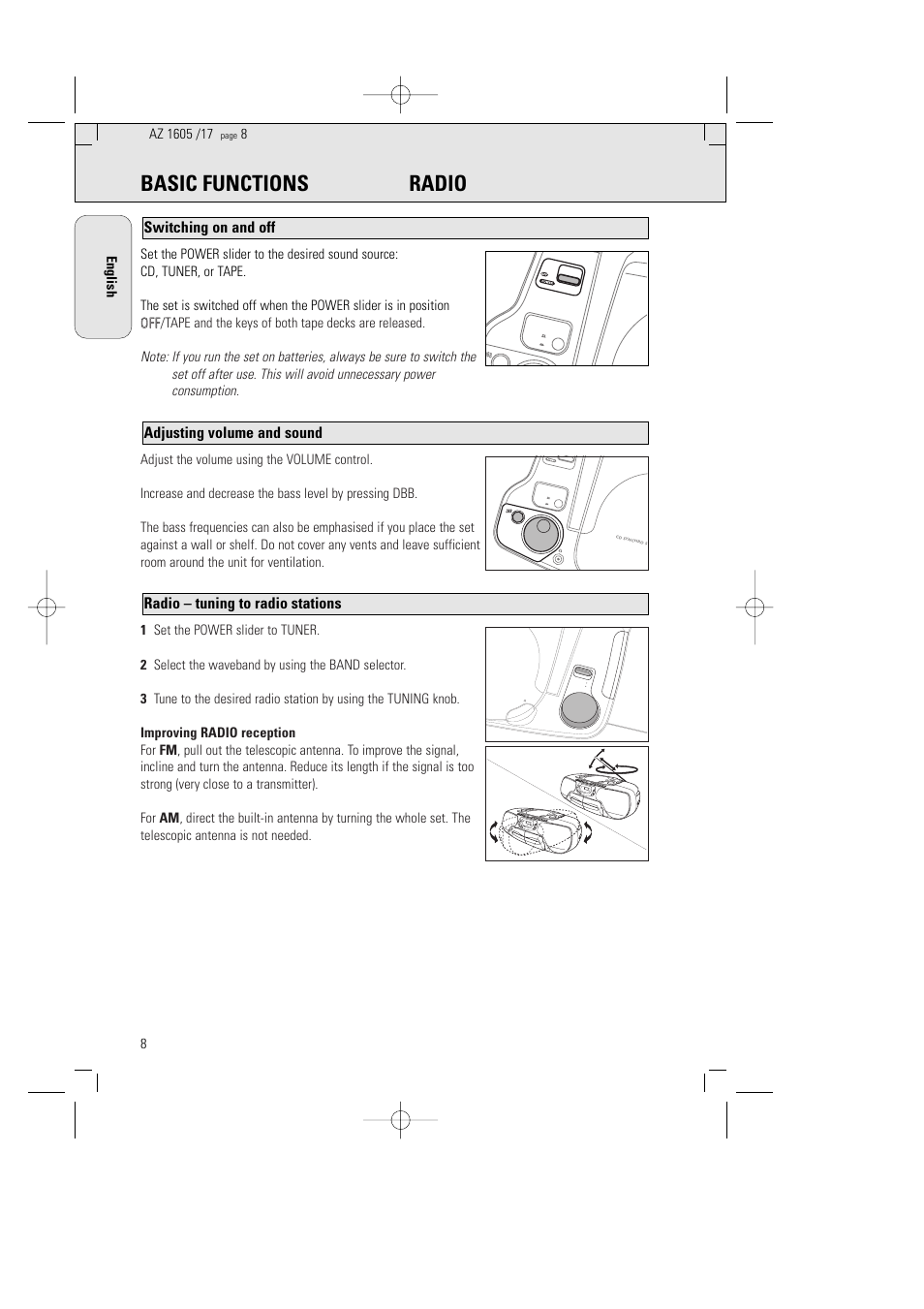 Basic functions radio, Radio – tuning to radio stations, Adjusting volume and sound | Switching on and off | Philips AZ1602-17 User Manual | Page 8 / 48