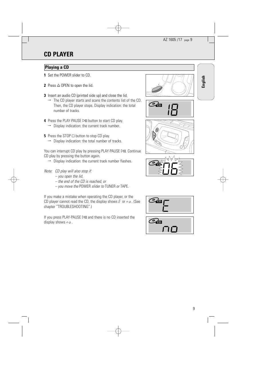 Cd player, Playing a cd, Khz khz mhz | Philips AZ1602-17 User Manual | Page 9 / 48