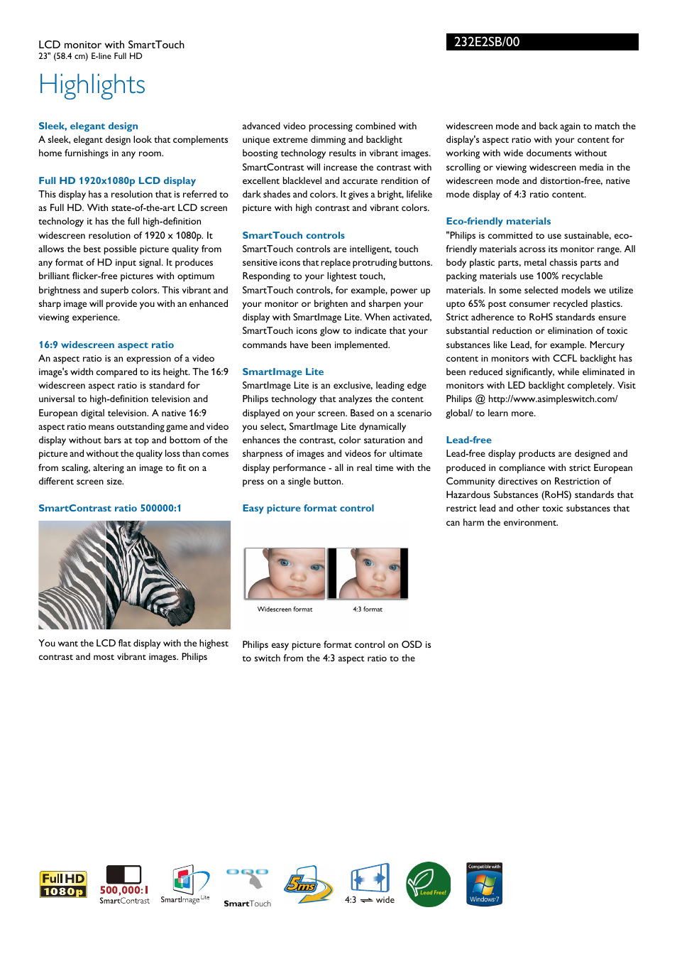 Highlights | Philips 232E2SB-00 User Manual | Page 2 / 3