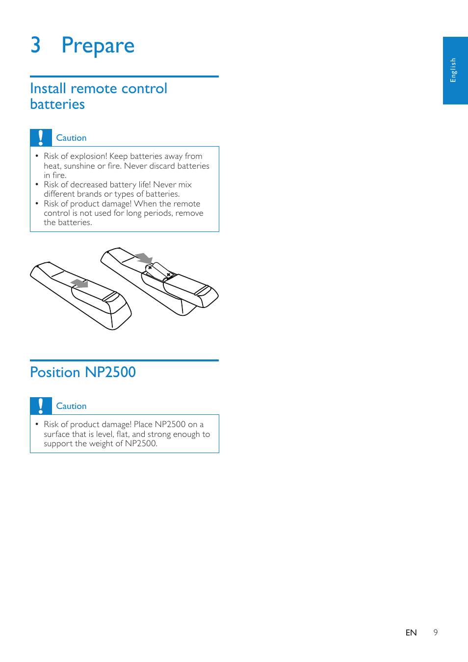 3 prepare, Install remote control batteries, Position np2500 | Philips NP2500-37 User Manual | Page 10 / 67