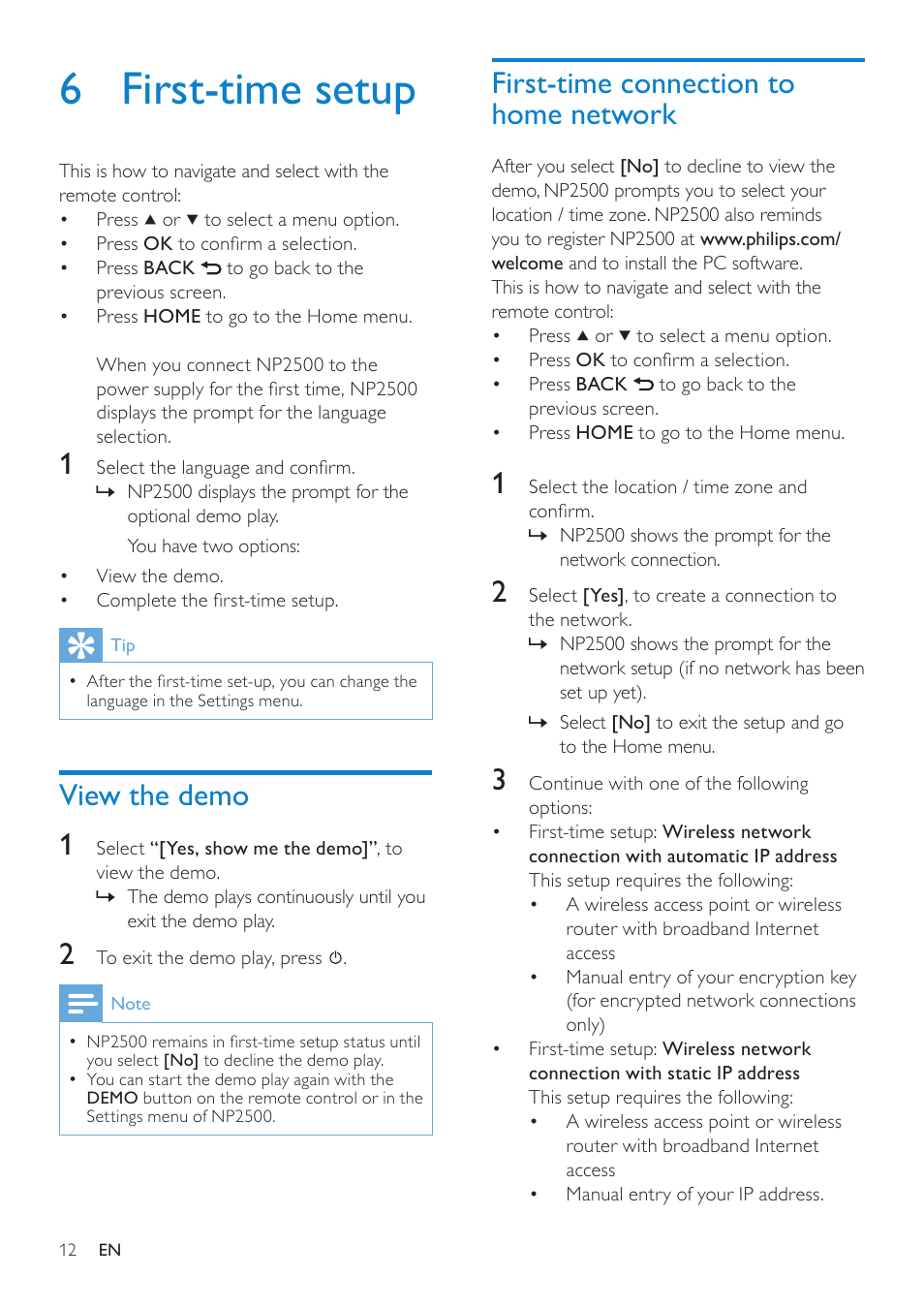 6 first-time setup, View the demo, First-time connection to home network | View the demo 1 | Philips NP2500-37 User Manual | Page 13 / 67