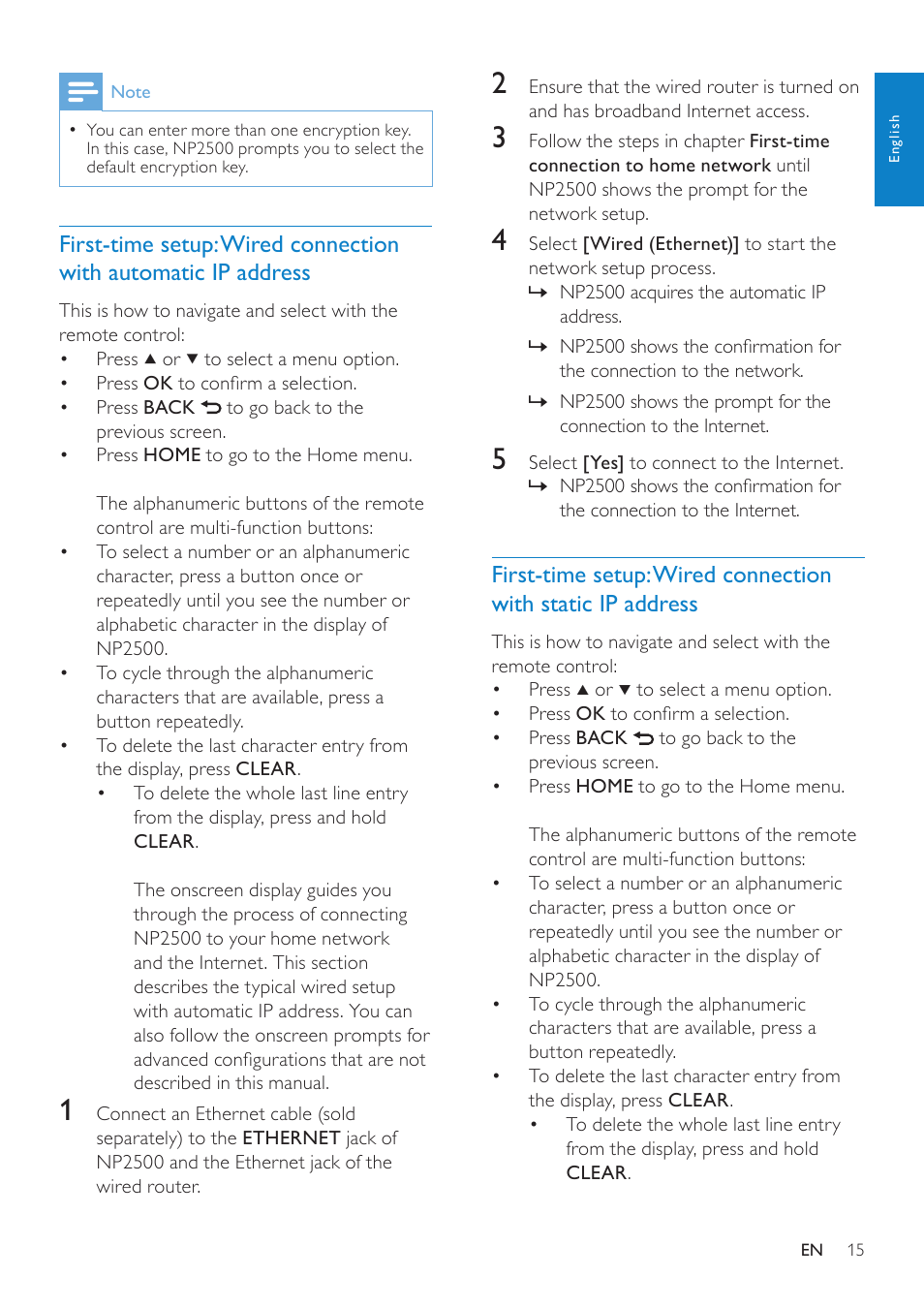 First-time setup: wired connection with, Automatic ip address, Static ip address | Philips NP2500-37 User Manual | Page 16 / 67