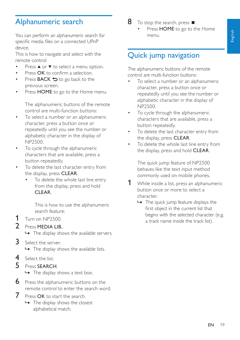 Alphanumeric search, Quick jump navigation | Philips NP2500-37 User Manual | Page 20 / 67