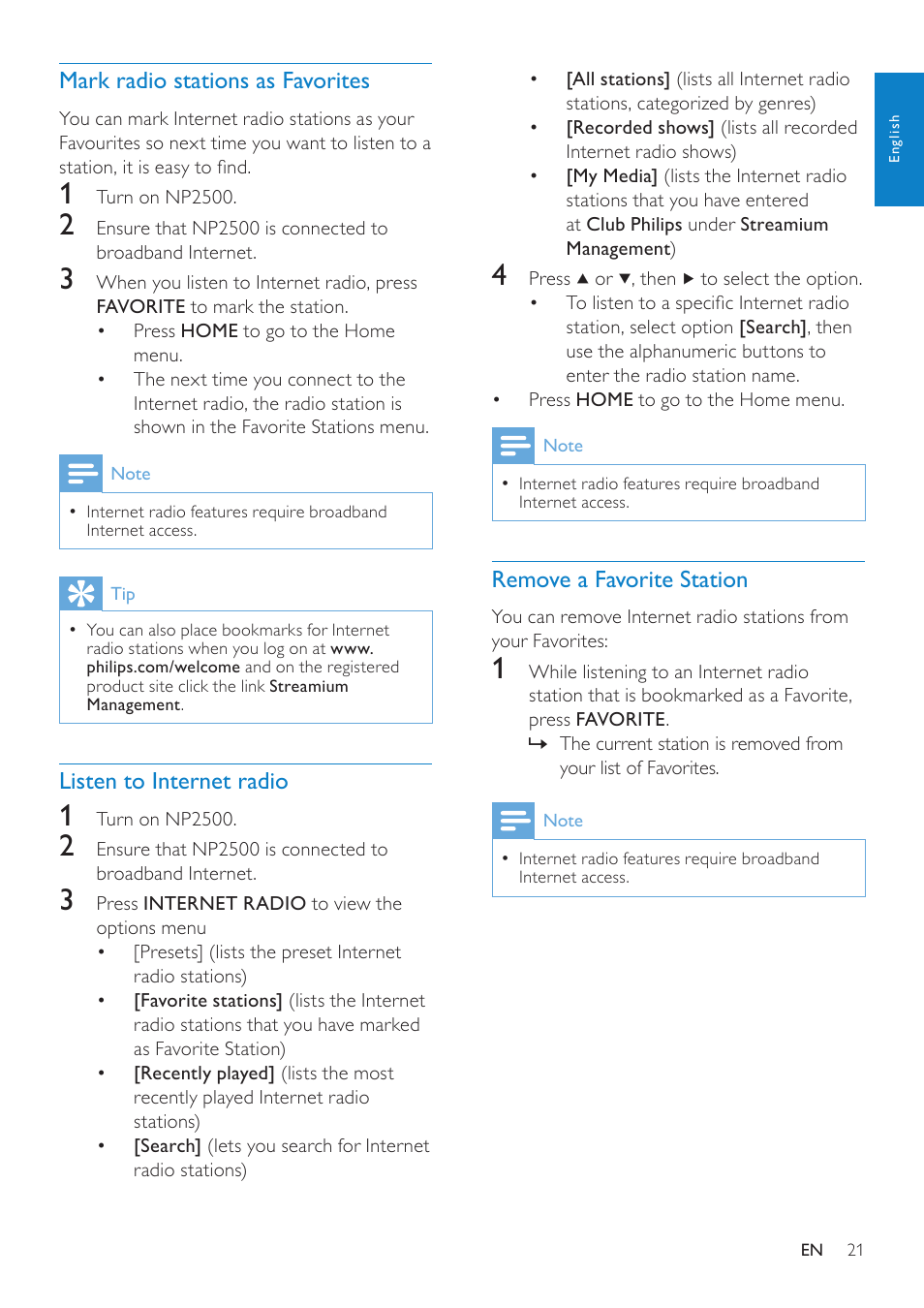 Mark radio stations as favorites, Listen to internet radio, Remove a favorite station | Mark radio stations as favorites 21 | Philips NP2500-37 User Manual | Page 22 / 67