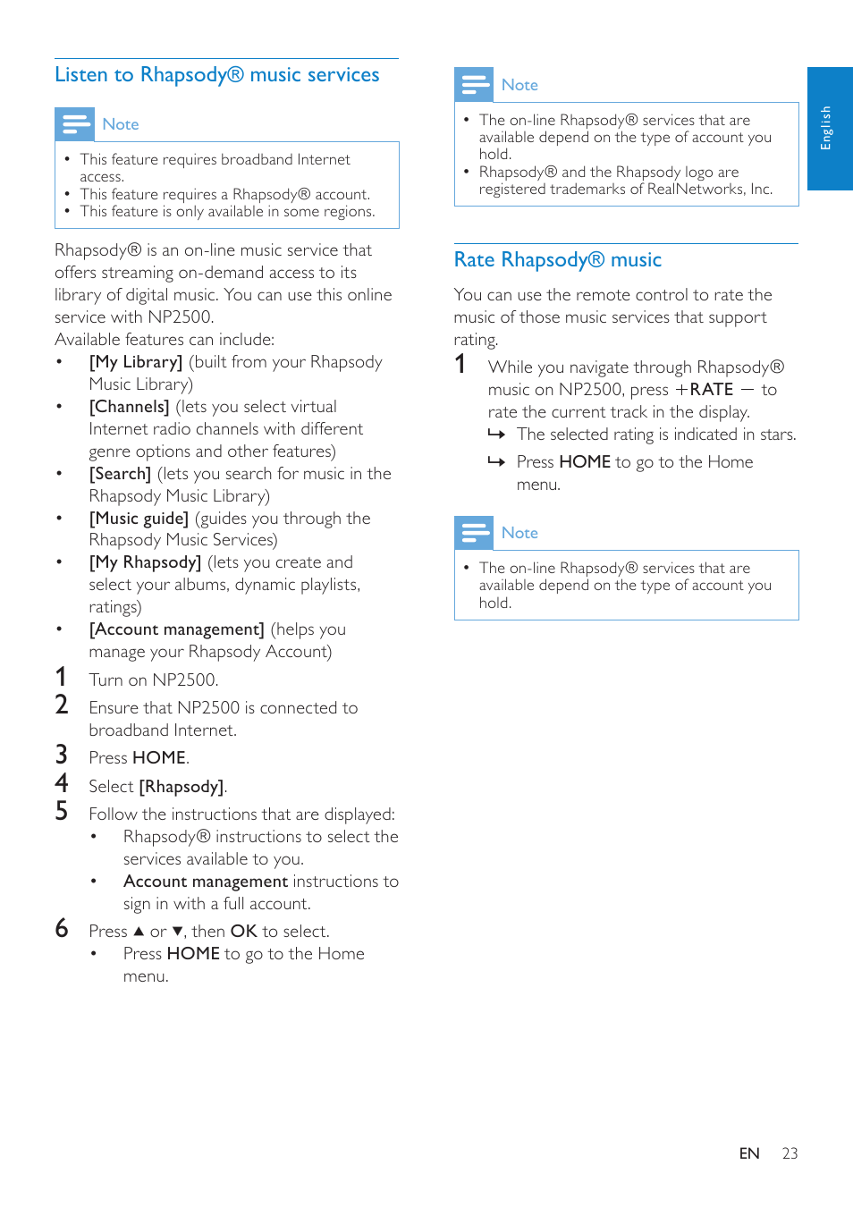 Listen to rhapsody® music services, Rate rhapsody® music | Philips NP2500-37 User Manual | Page 24 / 67