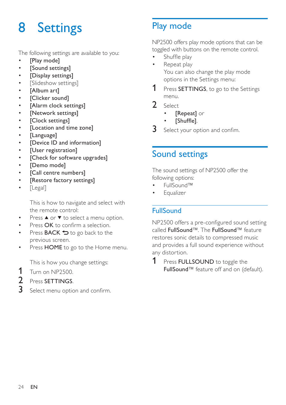 8 settings, Play mode, Sound settings | Fullsound | Philips NP2500-37 User Manual | Page 25 / 67